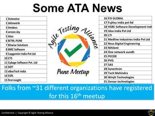 Confidential | Copyright © Agile Testing Alliance
Folks from ~31 different organizations have registered
for this 16th meetup
Some ATA News
1 Actovoice
2 Altimetrik
3 Amdocs
4 arezzo sky
5 Atos
6 BITM, PUNE
7 Bitwise Solutions
8 BMC Software
9 Capgemini India Pvt Ltd
10 CTS
11 Cybage Software Pvt. Ltd
12 DOT
13 eBaoTech India
14 ESPL
15 first insight
16 FIS GLOBAL
17 Fujitsu india pvt ltd
18 HSBC Software Development India P
19 Idox India Pvt Ltd
20 LTI
21 Medline Industries India Pvt Ltd
22 Ness Digital Engineering
23 Nihilent
24 One network aundh
25 PCCOE
26 PVG
27 SAS
28 Synechron
29 Tech Mahindra
30 Winjit Technologies
31 Zensar technologies
 
