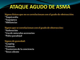 ATAQUE AGUDO DE ASMA
Signos físicos que no se correlacionan con el grado de obstrucción:
*Taquicardia
*Taquipnea
*Sibilancias
Signos que se correlacionan con el grado de obstrucción:
*Sudoración
*Uso de músculos accesorios
*Pulso paradojal
Signos de gravedad:
*Gasping
*Cianosis
*Trastornos de la conciencia
*Torax silente
 