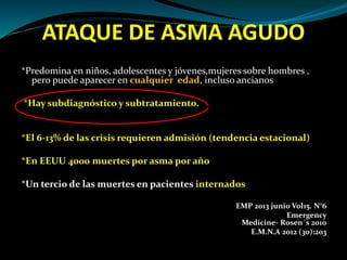 ATAQUE DE ASMA AGUDO
*Predomina en niños, adolescentes y jóvenes,mujeres sobre hombres ,
pero puede aparecer en cualquier edad, incluso ancianos
*Hay subdiagnóstico y subtratamiento.
*El 6-13% de las crisis requieren admisión (tendencia estacional)
*En EEUU 4000 muertes por asma por año
*Un tercio de las muertes en pacientes internados
EMP 2013 junio Vol15. N°6
Emergency
Medicine- Rosen´s 2010
E.M.N.A 2012 (30):203
 
