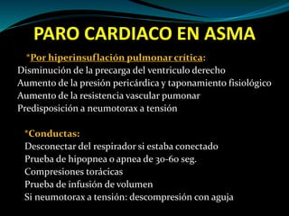 PARO CARDIACO EN ASMA
*Por hiperinsuflación pulmonar crítica:
Disminución de la precarga del ventriculo derecho
Aumento de la presión pericárdica y taponamiento fisiológico
Aumento de la resistencia vascular pumonar
Predisposición a neumotorax a tensión
*Conductas:
Desconectar del respirador si estaba conectado
Prueba de hipopnea o apnea de 30-60 seg.
Compresiones torácicas
Prueba de infusión de volumen
Si neumotorax a tensión: descompresión con aguja
 