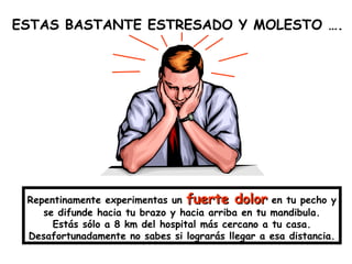 Repentinamente experimentas un  fuerte dolor  en tu pecho y se difunde hacia tu brazo y hacia arriba en tu mandibula. Estás sólo a 8 km del hospital más cercano a tu casa. Desafortunadamente no sabes si lograrás llegar a esa distancia. ESTAS BASTANTE ESTRESADO Y MOLESTO …. 