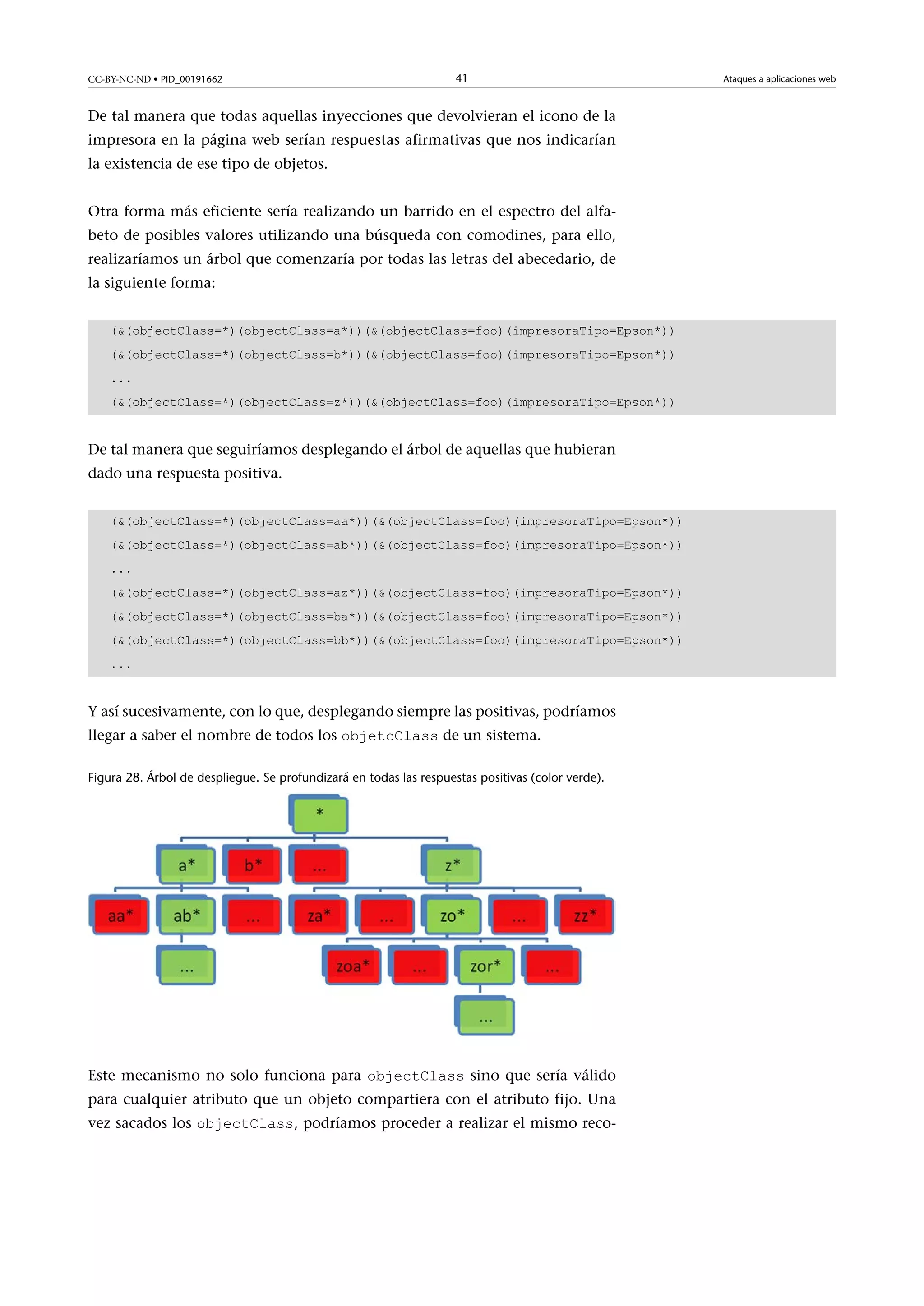 CC-BY-NC-ND • PID_00191662

41

De tal manera que todas aquellas inyecciones que devolvieran el icono de la
impresora en la página web serían respuestas afirmativas que nos indicarían
la existencia de ese tipo de objetos.
Otra forma más eficiente sería realizando un barrido en el espectro del alfabeto de posibles valores utilizando una búsqueda con comodines, para ello,
realizaríamos un árbol que comenzaría por todas las letras del abecedario, de
la siguiente forma:
((objectClass=*)(objectClass=a*))((objectClass=foo)(impresoraTipo=Epson*))
((objectClass=*)(objectClass=b*))((objectClass=foo)(impresoraTipo=Epson*))
...
((objectClass=*)(objectClass=z*))((objectClass=foo)(impresoraTipo=Epson*))

De tal manera que seguiríamos desplegando el árbol de aquellas que hubieran
dado una respuesta positiva.
((objectClass=*)(objectClass=aa*))((objectClass=foo)(impresoraTipo=Epson*))
((objectClass=*)(objectClass=ab*))((objectClass=foo)(impresoraTipo=Epson*))
...
((objectClass=*)(objectClass=az*))((objectClass=foo)(impresoraTipo=Epson*))
((objectClass=*)(objectClass=ba*))((objectClass=foo)(impresoraTipo=Epson*))
((objectClass=*)(objectClass=bb*))((objectClass=foo)(impresoraTipo=Epson*))
...

Y así sucesivamente, con lo que, desplegando siempre las positivas, podríamos
llegar a saber el nombre de todos los objetcClass de un sistema.
Figura 28. Árbol de despliegue. Se profundizará en todas las respuestas positivas (color verde).

Este mecanismo no solo funciona para objectClass sino que sería válido

para cualquier atributo que un objeto compartiera con el atributo fijo. Una
vez sacados los objectClass, podríamos proceder a realizar el mismo reco-

Ataques a aplicaciones web

 