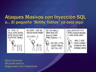 Ataques Masivos con Inyección SQL  o... El pequeño “Bobby Tablas” ya está aquí David Carmona Microsoft Ibérica blogs.msdn.com/tropezones 