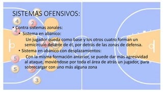 SISTEMAS OFENSIVOS:
• Contra sistemas zonales:
• Sistema en abanico:
Un jugador queda como base y los otros cuatro forman un
semicírculo delante de él, por detrás de las zonas de defensa.
• Sistema en abanico con desplazamientos:
Con la misma formación anterior, se puede dar más agresividad
al ataque, moviéndose por toda el área de atrás un jugador, para
sobrecargar con uno más alguna zona
 