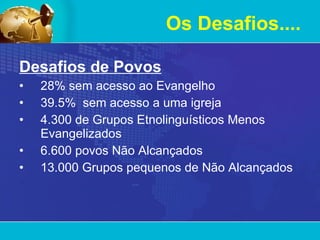 Desafios de Povos 28% sem acesso ao Evangelho  39.5%  sem acesso a uma igreja 4.300 de Grupos Etnolinguísticos Menos Evangelizados 6.600 povos Não Alcançados 13.000 Grupos pequenos de Não Alcançados Os Desafios.... 