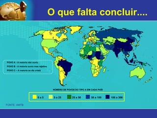 O que falta concluir.... FONTE: AMTB NÚMERO DE POVOS DO TIPO A EM CADA PAÍS 0 a 5  5 a 25  25 a 50  50 a 100  100 a 308 POVO A - A maioria não ouviu POVO B - A maioria ouviu mas rejeitou POVO C – A maioria se diz cristã 