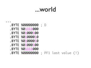 ...world
...
.BYTE %00000000 ; D
.BYTE %01111000
.BYTE %01000100
.BYTE %01000010
.BYTE %01000010
.BYTE %01000100
.BYTE %01111000
.BYTE %00000000 ; PF1 last value (!)
 