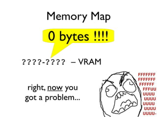 Memory Map
0 bytes !!!!
????-???? – VRAM
right, now you
got a problem...
 