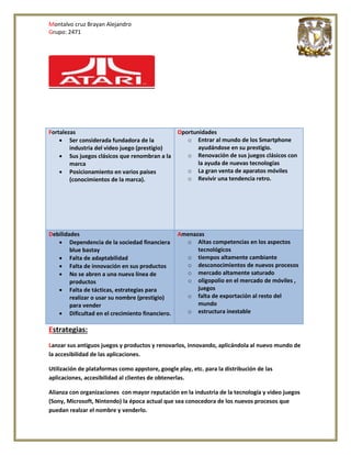 Montalvo cruz Brayan Alejandro
Grupo: 2471
Estrategias:
Lanzar sus antiguos juegos y productos y renovarlos, innovando, aplicándola al nuevo mundo de
la accesibilidad de las aplicaciones.
Utilización de plataformas como appstore, google play, etc. para la distribución de las
aplicaciones, accesibilidad al clientes de obtenerlas.
Alianza con organizaciones con mayor reputación en la industria de la tecnología y video juegos
(Sony, Microsoft, Nintendo) la época actual que sea conocedora de los nuevos procesos que
puedan realzar el nombre y venderlo.
Fortalezas
 Ser considerada fundadora de la
industria del video juego (prestigio)
 Sus juegos clásicos que renombran a la
marca
 Posicionamiento en varios países
(conocimientos de la marca).
Oportunidades
o Entrar al mundo de los Smartphone
ayudándose en su prestigio.
o Renovación de sus juegos clásicos con
la ayuda de nuevas tecnologías
o La gran venta de aparatos móviles
o Revivir una tendencia retro.
Debilidades
 Dependencia de la sociedad financiera
blue bastay
 Falta de adaptabilidad
 Falta de innovación en sus productos
 No se abren a una nueva línea de
productos
 Falta de tácticas, estrategias para
realizar o usar su nombre (prestigio)
para vender
 Dificultad en el crecimiento financiero.
Amenazas
o Altas competencias en los aspectos
tecnológicos
o tiempos altamente cambiante
o desconocimientos de nuevos procesos
o mercado altamente saturado
o oligopolio en el mercado de móviles ,
juegos
o falta de exportación al resto del
mundo
o estructura inestable
 