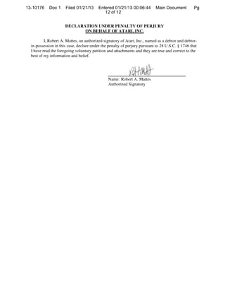 13-10176    Doc 1     Filed 01/21/13     Entered 01/21/13 00:06:44         Main Document          Pg
                                            12 of 12


                      DECLARATION UNDER PENALTY OF PERJURY
                             ON BEHALF OF ATARI. INC.

          I, Robert A. Mattes, an authorized signatory of Atari, Inc., named as a debtor and debtor-
  in-possession in this case, declare under the penalty of perjury pursuant to 28 U.S.C. § 1746 that
  I have read the foregoing voluntary petition and attachments and they are true and correct to the
  best of my information and belief.




                                               Name: Robert A. Mattes
                                               Authorized signatory
 