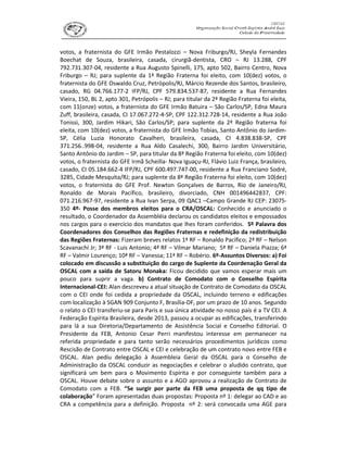 votos, a fraternista do GFE Irmão Pestalozzi – Nova Friburgo/RJ, Sheyla Fernandes
Boechat de Souza, brasileira, casada, cirurgiã-dentista, CRO – RJ 13.288, CPF
792.731.307-04, residente a Rua Augusto Spinelli, 175, apto 502, Bairro Centro, Nova
Friburgo – RJ; para suplente da 1ª Região Fraterna foi eleito, com 10(dez) votos, o
fraternista do GFE Oswaldo Cruz, Petrópolis/RJ, Márcio Rezende dos Santos, brasileiro,
casado, RG 04.766.177-2 IFP/RJ, CPF 579.834.537-87, residente a Rua Fernandes
Vieira, 150, BL 2, apto 301, Petrópolis – RJ; para titular da 2ª Região Fraterna foi eleita,
com 11(onze) votos, a fraternista do GFE Irmão Batuira – São Carlos/SP, Edna Maura
Zuff, brasileira, casada, CI 17.067.272-4-SP, CPF 122.312.728-14, residente a Rua João
Tonissi, 300, Jardim Hikari, São Carlos/SP; para suplente da 2ª Região fraterna foi
eleita, com 10(dez) votos, a fraternista do GFE Irmão Tobias, Santo Antônio do Jardim-
SP, Célia Luzia Honorato Cavalheri, brasileira, casada, CI 4.838.838-SP, CPF
371.256..998-04, residente a Rua Aldo Casalechi, 300, Bairro Jardim Universitário,
Santo Antônio do Jardim – SP, para titular da 8ª Região Fraterna foi eleito, com 10(dez)
votos, o fraternista do GFE Irmã Scheilla- Nova Iguaçu-RJ, Flávio Luiz França, brasileiro,
casado, CI 05.184.662-4 IFP/RJ, CPF 600.497.747-00, residente a Rua Franciano Sodré,
3285, Cidade Mesquita/RJ; para suplente da 8ª Região Fraterna foi eleito, com 10(dez)
votos, o fraternista do GFE Prof. Newton Gonçalves de Barros, Rio de Janeiro/RJ,
Ronaldo de Morais Pacífico, brasileiro, divorciado, CNH 001496442837, CPF:
071.216.967-97, residente a Rua Ivan Serpa, 09 QAC1 –Campo Grande RJ CEP: 23075-
350 4º- Posse dos membros eleitos para o CRA/OSCAL: Conhecido e anunciado o
resultado, o Coordenador da Assembléia declarou os candidatos eleitos e empossados
nos cargos para o exercício dos mandatos que lhes foram conferidos. 5º Palavra dos
Coordenadores dos Conselhos das Regiões Fraternas e redefinição da redistribuição
das Regiões Fraternas: Fizeram breves relatos 1ª RF – Ronaldo Pacífico; 2ª RF – Nelson
Scavanachi Jr; 3ª RF - Luis Antonio; 4ª RF – Vilmar Mariano; 5ª RF – Daniela Piazza; 6ª
RF – Valmir Lourenço; 10ª RF – Vanessa; 11ª RF – Robério. 6º-Assuntos Diversos: a) Foi
colocado em discussão a substituição do cargo de Suplente da Coordenação Geral da
OSCAL com a saída de Satoru Monaka: Ficou decidido que vamos esperar mais um
pouco para suprir a vaga. b) Contrato de Comodato com o Conselho Espírita
Internacional-CEI: Alan descreveu a atual situação de Contrato de Comodato da OSCAL
com o CEI onde foi cedida a propriedade da OSCAL, incluindo terreno e edificações
com localização à SGAN 909 Conjunto F, Brasília-DF, por um prazo de 10 anos. Segundo
o relato o CEI transferiu-se para Paris e sua única atividade no nosso país é a TV CEI. A
Federação Espírita Brasileira, desde 2013, passou a ocupar as edificações, transferindo
para lá a sua Diretoria/Departamento de Assistência Social e Conselho Editorial. O
Presidente da FEB, Antonio Cesar Perri manifestou interesse em permanecer na
referida propriedade e para tanto serão necessários procedimentos jurídicos como
Rescisão de Contrato entre OSCAL e CEI e celebração de um contrato novo entre FEB e
OSCAL. Alan pediu delegação à Assembleia Geral da OSCAL para o Conselho de
Administração da OSCAL conduzir as negociações e celebrar o aludido contrato, que
significará um bem para o Movimento Espírita e por conseguinte também para a
OSCAL. Houve debate sobre o assunto e a AGO aprovou a realização de Contrato de
Comodato com a FEB. “Se surgir por parte da FEB uma proposta de qq tipo de
colaboração” Foram apresentadas duas propostas: Proposta nº 1: delegar ao CAD e ao
CRA a competência para a definição. Proposta nº 2: será convocada uma AGE para
 