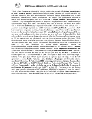 ORGANIZAÇÃO SOCIAL CRISTÃ-ESPÍRITA ANDRÉ LUIZ-OSCAL
50
Valéria e Dani. Que este certificado é de extrema importância para a OSCAL.Projeto Abastecimento
de água – avaliação do CAD – Alan falou que foi feito contato com Julio Reis e Edmir Magacho, que
fizeram o projeto da água. Está sendo feita uma revisão do projeto, especificando mais os itens
necessários, para facilitar a compra de materiais. Uma planilha com quantidade e pesquisa de
preços. Alan estimou um gasto entre 70 e 90 mil.EHC - Projeto banheiro – avaliação do CAD:
Anderson e Kelly vão segmentar o projeto EHC e revisar o projeto banheiro. Fará uma especificação
dos materiais e preços. Alan estima entre 30 a 50 mil o custo. A Obra será em etapas. Alan contou
que os fraternistas de São Paulo(3ª RF) estão interessados em assumir esta obra. Alan vai pedir ao
Anderson para entregar o projeto até a AGO marcada para 25/04/15.Kitinets – Anderson e Kelly
ficaram de fazer um projeto sucinto para construção/acabar a obra.Vilmar lembrou que fica mais
barato derrubar o que tem feito e fazer novo. EHC – situação financeira: Ângela falou que EHC está
sem uma coordenação presente. Alice comunicou que uma professora de Educação Física daria
aulas em 2 dias somente alterando a prática adotada até então. A professora foi contratada apesar
da CCF ter argumentado que não deveria contratar. Diogo e Andreia pediram demissão. Valéria
comentou que houve uma falha quanto ao esclarecimento do papel da Daniela Piazza junto à
Secretaria de Educação. Alan, ressalta a importância da redução de custos que a coordenação do
Ciade e EHC tem conseguido nos últimos meses. Pendências: verificar no
Estado/Adriene/Alice.Diogo e Andréia – prazo máximo de estadia na Cidade até 30/03/15. Miriam
solicitar um contato e posterior convite para ser professora do EHC.Regimento Interno CIFRATER:
Aguardando posicionamento da comunidade até 03/04/15.Demandas Comunitários: Gabriela –
está em Brasília cuidando da mãe que fez cirurgia por mais 40 dias.AGO – Suplência da
Coordenação Geral – Foi encaminhado ao CRA a indicação de dois nomes Valmir Lourenço e
Robério Torres para que definam quem assumirá a suplência que está vaga. Todos do CAD
aprovaram os nomes.Regiões Fraternas – como direcionar esforços para envolvimento: próxima
reunião do CAD.Semana da Fraternidade 2016 – anexo alguns levantamentos para discussão: Data
do Evento: 26/05/2016 a 29/05/2016Local: Cidade da Fraternidade-Município Alto Paraíso de
GOTema: “Fraternidade – união e trabalho na pátria do Evangelho”Definição de numero de
participantes: 320 pessoas Inscrições: de 20/06/15 a 20/12/15 . Parcelamento em até 5(cinco)
vezes para inscrições efetuadas até 20/10/15.Valor: R$ 200,00( crianças até 5 anos não pagam).
Este valor refere-se a hospedagem e alimentação na Cidade da Fraternidade. Encerramento e prece
final- Nada mais tendo a tratar a reunião foi encerrada às 15 h com a prece proferida por Rosa.
 