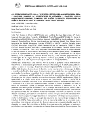ORGANIZAÇÃO SOCIAL CRISTÃ-ESPÍRITA ANDRÉ LUIZ-OSCAL
6
ATA DE REUNIÃO CONJUNTA COM AS PRESENÇAS DO CONSELHO DE ADMINISTRAÇÃO DA OSCAL
– CAD/OSCAL, CONSELHO DE REPRESENTAÇÃO DA ASSEMBLEIA – CRA/OSCAL, GRUPOS
COORDENADORES REGIONAIS (CONSELHOS DAS REGIÕES FRATERNAS) E COORDENAÇÃO DA
INFÂNCIA À JUVENTUDE – CIJ/CAE, REALIZADA EM BELO HORIZONTE - MG.
Data: 16/03/2013, 2ª Fase da reunião.
Horário previsto: 13h:30 às 18h:00.
Local: Casa Espírita André Luiz-CEAL
Participantes:
Célio Alan Kardec de Oliveira (CAD/OSCAL), Luiz Antônio da Silva (Coordenação 3ª Região
Fraterna), Mary de Fátima Fernandes (CAD/OSCAL), Ângela Moreira (CAD/OSCAL), Elvy Maria de
Oliveira Rocha (CAD/OSCAL), Vilmar Mariano Machado (CAD/OSCAL e Coordenação da 4ª Região
Fraterna), Thais Onofri de Oliveira (Coordenação de Secretaria da OSCAL), Cátia Ribeiro Gomes
(secretária da OSCAL), Alessandra Possebon (CIFRATER e CIJ/CAE), Antônio Sagrado Lovato
(CIJ/CAE), Mauro Reis (CRA/OSCAL), Gisele Saporetti (Grupo de Trabalho da CIFRATER), Felipe
(CIJ/CAE), Robério Torres (CRA/OSCAL e representante da 11ª Região Fraterna), Liliane Pieroni
(Conselho Fiscal da OSCAL), Edna Zuffi (CRA/OSCAL), Satoru Monaka (Comissão de Projetos e Obras
da OSCAL), Ronaldo de Morais Pacífico (Coordenação da 1ª Região Fraterna), Edson Cesar Marques
(CIJ/CAE e representante da 5ª Região Fraterna), Lucas Caldas (Coordenação da 11ª Região
Fraterna), Paulo (CRA/OSCAL), Gabriela Maciel (CIJ/CAE), Célia Cavalieri (representante da
Coordenação da 2ª Região Fraterna), Walmir Lourenço (CRA/OSCAL e representante das
Coordenações da 6ª e 10ª Regiões Fraternas), Álvaro Pierin de Brito (CRA/OSCAL).
Robério fez a prece inicial. Célio Alan deu início a reunião às quatorze horas e trinta minutos.
Inicialmente os presentes se apresentaram. Planejamento estratégico da OSCAL-2013/2020 Alan
explicou as razões da elaboração do planejamento estratégico da OSCAL, abrangendo o período de
2013 a 2020. Enfatizou da importância de discutir e nivelar a compreensão sobre o papel da OSCAL
e entendimento filosófico da proposta do Movimento da Fraternidade. Sem isso muitos fraternista
continuarão afirmando da necessidade de se estudar sobre as mensagens vertidas a nós pelos
mentores espirituais do MOFRA, ao longo de nossa história. Segundo Alan não é cabível mais as
afirmativas que não estamos nivelados no entendimento sobre o MOFRA, a visão sobre a Cidade da
Fraternidade e a relação íntima entre os Grupos da Fraternidade Espírita e a CIFRATER. O
Planejamento Estratégico contempla, na sua primeira parte, debates e alinhamento de ideias sobre
a missão da OSCAL, a visão sobre o papel da OSCAL, com base na filosofia do MOFRA e sua inserção
dentro do Movimento Espírita, os princípios balizadores norteando o trabalho da OSCAL, as
premissas para realização das atividades da OSCAL, as forças e fraquezas dos GFE, da CIFRATER e
dos fraternistas. Na medida da apresentação os fraternistas presentes debateram e apresentaram
seus pontos de vistas. Foi um momento muito rico onde todos colocaram suas opiniões, por vezes
até com exacerbação, contudo num clima de muito respeito. Alongou-se bastante a troca de ideias
e no final decidiu-se pela interrupção da análise do planejamento estratégico e discutiu-se sobre a
melhor metodologia de avançar na produção de documento tão importante par a sequência dos
trabalhos da OSCAL. Ficou consensado de enviar o material já elaborado e compilado para a
comunidade fraternista com a intenção de: Os jovens apresentarem sua contribuição, a partir da
discussão em grupo; Os fraternistas, no âmbito do seu agrupamento, analisaram e igualmente
contribuírem com suas ideias, compreensão, enriquecendo a proposta inicial; Os membros do CRA
 