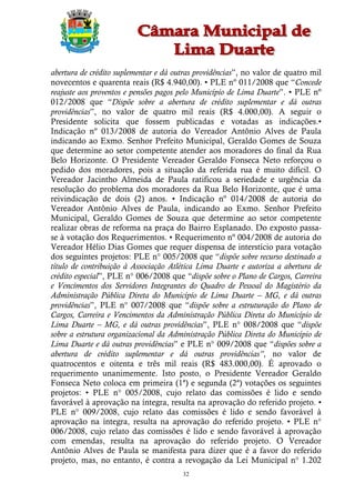 abertura de crédito suplementar e dá outras providências”, no valor de quatro mil
novecentos e quarenta reais (R$ 4.940,00). • PLE nº 011/2008 que “Concede
reajuste aos proventos e pensões pagos pelo Município de Lima Duarte”. • PLE nº
012/2008 que “Dispõe sobre a abertura de crédito suplementar e dá outras
providências”, no valor de quatro mil reais (R$ 4.000,00). A seguir o
Presidente solicita que fossem publicadas e votadas as indicações.•
Indicação nº 013/2008 de autoria do Vereador Antônio Alves de Paula
indicando ao Exmo. Senhor Prefeito Municipal, Geraldo Gomes de Souza
que determine ao setor competente atender aos moradores do final da Rua
Belo Horizonte. O Presidente Vereador Geraldo Fonseca Neto reforçou o
pedido dos moradores, pois a situação da referida rua é muito difícil. O
Vereador Jacintho Almeida de Paula ratificou a seriedade e urgência da
resolução do problema dos moradores da Rua Belo Horizonte, que é uma
reivindicação de dois (2) anos. • Indicação nº 014/2008 de autoria do
Vereador Antônio Alves de Paula, indicando ao Exmo. Senhor Prefeito
Municipal, Geraldo Gomes de Souza que determine ao setor competente
realizar obras de reforma na praça do Bairro Esplanado. Do exposto passa-
se à votação dos Requerimentos. • Requerimento nº 004/2008 de autoria do
Vereador Hélio Dias Gomes que requer dispensa de interstício para votação
dos seguintes projetos: PLE n° 005/2008 que “dispõe sobre recurso destinado a
título de contribuição à Associação Atlética Lima Duarte e autoriza a abertura de
crédito especial”, PLE n° 006/2008 que “dispõe sobre o Plano de Cargos, Carreira
e Vencimentos dos Servidores Integrantes do Quadro de Pessoal do Magistério da
Administração Pública Direta do Município de Lima Duarte – MG, e dá outras
providências”, PLE n° 007/2008 que “dispõe sobre a estruturação do Plano de
Cargos, Carreira e Vencimentos da Administração Pública Direta do Município de
Lima Duarte – MG, e dá outras providências”, PLE n° 008/2008 que “dispõe
sobre a estrutura organizacional da Administração Pública Direta do Município de
Lima Duarte e dá outras providências” e PLE n° 009/2008 que “dispões sobre a
abertura de crédito suplementar e dá outras providências”, no valor de
quatrocentos e oitenta e três mil reais (R$ 483.000,00). É aprovado o
requerimento unanimemente. Isto posto, o Presidente Vereador Geraldo
Fonseca Neto coloca em primeira (1ª) e segunda (2ª) votações os seguintes
projetos: • PLE n° 005/2008, cujo relato das comissões é lido e sendo
favorável à aprovação na íntegra, resulta na aprovação do referido projeto. •
PLE n° 009/2008, cujo relato das comissões é lido e sendo favorável à
aprovação na íntegra, resulta na aprovação do referido projeto. • PLE n°
006/2008, cujo relato das comissões é lido e sendo favorável à aprovação
com emendas, resulta na aprovação do referido projeto. O Vereador
Antônio Alves de Paula se manifesta para dizer que é a favor do referido
projeto, mas, no entanto, é contra a revogação da Lei Municipal n° 1.202
                                       32
 