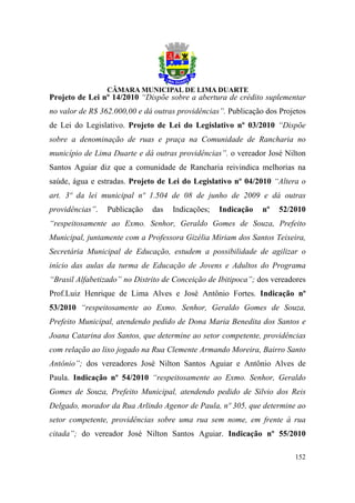 Projeto de Lei nº 14/2010 “Dispõe sobre a abertura de crédito suplementar
no valor de R$ 362.000,00 e dá outras providências”. Publicação dos Projetos
de Lei do Legislativo. Projeto de Lei do Legislativo nº 03/2010 “Dispõe
sobre a denominação de ruas e praça na Comunidade de Rancharia no
município de Lima Duarte e dá outras providências”. o vereador José Nilton
Santos Aguiar diz que a comunidade de Rancharia reivindica melhorias na
saúde, água e estradas. Projeto de Lei do Legislativo nº 04/2010 “Altera o
art. 3º da lei municipal nº 1.504 de 08 de junho de 2009 e dá outras
providências”.   Publicação   das   Indicações;   Indicação    nº   52/2010
“respeitosamente ao Exmo. Senhor, Geraldo Gomes de Souza, Prefeito
Municipal, juntamente com a Professora Gizélia Miriam dos Santos Teixeira,
Secretária Municipal de Educação, estudem a possibilidade de agilizar o
início das aulas da turma de Educação de Jovens e Adultos do Programa
“Brasil Alfabetizado” no Distrito de Conceição de Ibitipoca”; dos vereadores
Prof.Luiz Henrique de Lima Alves e José Antônio Fortes. Indicação nº
53/2010 “respeitosamente ao Exmo. Senhor, Geraldo Gomes de Souza,
Prefeito Municipal, atendendo pedido de Dona Maria Benedita dos Santos e
Joana Catarina dos Santos, que determine ao setor competente, providências
com relação ao lixo jogado na Rua Clemente Armando Moreira, Bairro Santo
Antônio”; dos vereadores José Nilton Santos Aguiar e Antônio Alves de
Paula. Indicação nº 54/2010 “respeitosamente ao Exmo. Senhor, Geraldo
Gomes de Souza, Prefeito Municipal, atendendo pedido de Silvio dos Reis
Delgado, morador da Rua Arlindo Agenor de Paula, nº 305, que determine ao
setor competente, providências sobre uma rua sem nome, em frente à rua
citada”; do vereador José Nilton Santos Aguiar. Indicação nº 55/2010

                                                                        152
 