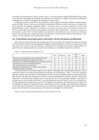 III Congresso Internacional das TIC na Educação
139
tecnologias da informação em contexto escolar é baixo, o que deixa antever algumas dificuldades técnicas, bem
como uma forte necessidade de formação dos professores, no sentido de os ajudar a encontrar metodologias e
estratégias que os conduza à integração da tecnologia em sala de aula.
Averiguámos ainda as expectativas dos professores no que respeita à formação, obtendo resultados globais
acima da média. Entre os itens mais assinalados na pontuação máxima da escala encontramos as expectativas
numa dimensão de mudança pedagógica global: “Contribuir para a inovação pedagógica” (n=67), tanto
direcionada para o aluno “Identificar estratégias de motivação dos alunos através de conteúdos interativos”
(n=67), como focada no seu próprio enriquecimento e desenvolvimento profissional – “Aprender a manusear as
ferramentas do QI”(n=66). A análise global das expectativas dos professores das escolas face à formação
desenvolvida permitiu-nos constatar que todos os professores se demonstraram bastante entusiasmados com a
mesma e as suas expectativas estavam bastante elevadas.
4.2. Contributos do projeto para a inovação e desenvolvimento profissional
Após o desenvolvimento do plano de formação, que contou com 20 horas de formação em grupo para 7 turmas
e 3 horas/aula (em média) de acompanhamento pedagógico individualizado por professor em contexto de sala de
aula (num total de 266 horas), foi aplicado o questionário de satisfação da formação. Relativamente aos
questionários de satisfação aplicados aos professores, obtivemos os resultados disponíveis na Tabela 1.
Tabela 1. Avaliação Geral da Formação (n=57).
Ruim Suficiente Bom
Muito
Bom
Ótimo
Relevância da formação para a sua atividade profissional. 0 0 9 14 34
Adequação da metodologia de formação utilizada. 0 1 11 17 19
Relevância dos conteúdos trabalhados para a sua rotina escolar. 0 1 8 19 29
Adequação dos recursos multimédia utilizados. 0 1 6 23 27
Grau de satisfação face às expectativas. 0 1 12 15 29
Duração do treinamento face aos objetivos da formação. 2 3 15 15 22
Apreciação Global da Formação. 0 0 10 19 28
Através da análise dos resultados expressos na Tabela 1, verificamos que a maioria dos professores avaliou
o processo formativo, nos diferentes parâmetros de avaliação, na escala máxima “Ótimo”. Com estes resultados,
podemos entender que a formação foi estruturada de acordo com as necessidades específicas destes professores,
tanto do ponto de vista da adequação dos recursos como da metodologia de formação utilizada. Além disso,
destacamos a relevância dos conteúdos para as suas práticas (n=29). Em destaque também a relevância da
formação para a sua atividade profissional, o item mais apontado na escala Ótimo (n=34). Em contrapartida, o
item que apresentou resultados menos positivos foi a duração do treinamento, que justificamos com o baixo nível
de competências digitais de alguns professores, identificado no início do estudo e que naturalmente obrigariam
a horas adicionais de formação. Vários professores no campo das sugestões reforçaram ainda a importância do
regresso dos formadores às escolas, para novas formações ou reciclagem de conhecimentos.
Tabela 2. Síntese da análise das Reflexões Escritas pelos Professores (n=59).
 