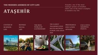 REFINED
SOCIAL
LIFE
CENTER OF
BUSINESS
LIFE
THE RICH
WORLD OF
GASTRONOMY
PRESTIGIOUS
EDUCATION
OPTIONS
THE EASIEST
TRANSPORTATION
ROUTES BETWEEN
EUROPE AND ASIAN
SIDE
EXCLUSIVE
SHOPPING
POINTS
THE MODERN ADDRESS OF CITY LIFE Ataşehir, one of the most
strategic points of Istanbul,
offers one of the finest examples
of modern city life.
ATAŞEHİR
 