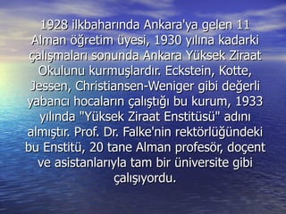 1928 ilkbaharında Ankara'ya gelen 11 Alman öğretim üyesi, 1930 yılına kadarki çalışmaları sonunda Ankara Yüksek Ziraat Okulunu kurmuşlardır. Eckstein, Kotte, Jessen, Christiansen-Weniger gibi değerli yabancı hocaların çalıştığı bu kurum, 1933 yılında "Yüksek Ziraat Enstitüsü" adını almıştır. Prof. Dr. Falke'nin rektörlüğündeki bu Enstitü, 20 tane Alman profesör, doçent ve asistanlarıyla tam bir üniversite gibi çalışıyordu. 