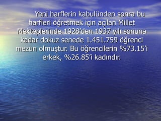 Yeni harflerin kabulünden sonra bu harfleri öğretmek için açılan Millet Mekteplerinde 1928’den 1937 yılı sonuna kadar dokuz senede 1.451.759 öğrenci mezun olmuştur. Bu öğrencilerin %73.15’i erkek, %26.85’i kadındır. 