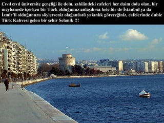 Cıvıl cıvıl üniversite gençliği ile dolu, sahilindeki cafeleri her daim dolu olan, bir meyhanede içerken bir Türk olduğunuz anlaşılırsa hele bir de İstanbul ya da İzmir’li olduğunuzu söylerseniz olağanüstü yakınlık göreceğiniz, cafelerinde duble Türk Kahvesi gelen bir şehir Selanik !!! 