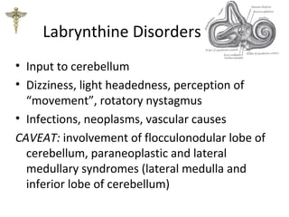 Labrynthine Disorders
• Input to cerebellum
• Dizziness, light headedness, perception of
“movement”, rotatory nystagmus
• Infections, neoplasms, vascular causes
CAVEAT: involvement of flocculonodular lobe of
cerebellum, paraneoplastic and lateral
medullary syndromes (lateral medulla and
inferior lobe of cerebellum)
 