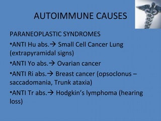 AUTOIMMUNE CAUSES
PARANEOPLASTIC SYNDROMES
•ANTI Hu abs. Small Cell Cancer Lung
(extrapyramidal signs)
•ANTI Yo abs. Ovarian cancer
•ANTI Ri abs. Breast cancer (opsoclonus –
saccadomania, Trunk ataxia)
•ANTI Tr abs. Hodgkin’s lymphoma (hearing
loss)
 