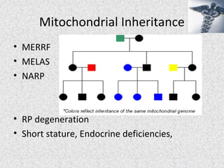 Mitochondrial Inheritance
• MERRF
• MELAS
• NARP
• RP degeneration
• Short stature, Endocrine deficiencies,
 