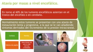 Ataxia por masas a nivel encefálico.
En torno al 60% de los tumores encefálicos asientan en el
tronco del encéfalo o en cerebelo.
Normalmente estos tumores se presentan con una ataxia de
instauración lenta y progresiva, a la que se le van añadiendo
síntomas derivados del incremento de la presión intracraneal.
Cefalea Vomito
Edema de papila
Afecciones de
uno o más
nervios
craneales
 