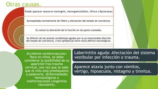 Otras causas.
Puede aparecer ataxia en meningitis, meningoencefalitis, (Vírica o Bacteriana)
Acompañada normalmente de fiebre y afectación del estado de conciencia.
Es común la alteración de la función en los pares craneales.
Se difieren de las ataxias cerebelosas agudas por la ya mencionada afección
del estado de conciencia, crisis epilépticas entre otros déficits neurológicos.
Laberintitis aguda: Afectación del sistema
vestibular por infección o trauma.
Aparece ataxia junto con vómitos,
vértigo, hipoacusia, nistagmo y tinnitus.
Accidente cerebrovascular:
Rara en niños, se debe
considerar la posibilidad de su
aparición tras trauma
cervical, una vez que se sabe
que el niño está predispuesto
a padecerla. (Enfermedades
hematológicas o
malformaciones congénitas
vasculares).
 