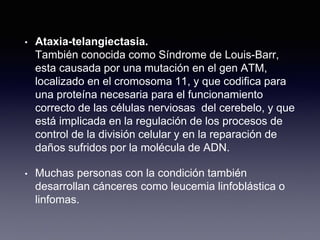 • Ataxia-telangiectasia.
También conocida como Síndrome de Louis-Barr,
esta causada por una mutación en el gen ATM,
localizado en el cromosoma 11, y que codifica para
una proteína necesaria para el funcionamiento
correcto de las células nerviosas del cerebelo, y que
está implicada en la regulación de los procesos de
control de la división celular y en la reparación de
daños sufridos por la molécula de ADN.
• Muchas personas con la condición también
desarrollan cánceres como leucemia linfoblástica o
linfomas.
 