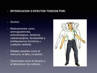 • INTOXICACION O EFECTOS TOXICOS POR:
• Alcohol.
• Medicamentos como
aminoglutetimida,
anticolinérgicos, fenitoína,
carbamazepina, fenobarbital y
antidepresivos tricíclicos y
cualquier sedante.
• Metales pesados como el
mercurio, el talio y el plomo.
• Disolventes como el tolueno o
el tetracloruro de carbono.
 