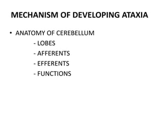 MECHANISM OF DEVELOPING ATAXIA
• ANATOMY OF CEREBELLUM
- LOBES
- AFFERENTS
- EFFERENTS
- FUNCTIONS
 