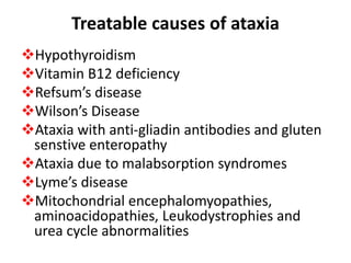 Treatable causes of ataxia
Hypothyroidism
Vitamin B12 deficiency
Refsum’s disease
Wilson’s Disease
Ataxia with anti-gliadin antibodies and gluten
senstive enteropathy
Ataxia due to malabsorption syndromes
Lyme’s disease
Mitochondrial encephalomyopathies,
aminoacidopathies, Leukodystrophies and
urea cycle abnormalities
 