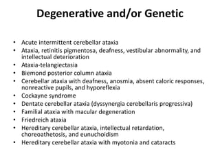 Degenerative and/or Genetic
• Acute intermittent cerebellar ataxia
• Ataxia, retinitis pigmentosa, deafness, vestibular abnormality, and
intellectual deterioration
• Ataxia-telangiectasia
• Biemond posterior column ataxia
• Cerebellar ataxia with deafness, anosmia, absent caloric responses,
nonreactive pupils, and hyporeflexia
• Cockayne syndrome
• Dentate cerebellar ataxia (dyssynergia cerebellaris progressiva)
• Familial ataxia with macular degeneration
• Friedreich ataxia
• Hereditary cerebellar ataxia, intellectual retardation,
choreoathetosis, and eunuchoidism
• Hereditary cerebellar ataxia with myotonia and cataracts
 