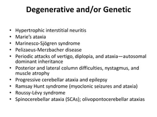 Degenerative and/or Genetic
• Hypertrophic interstitial neuritis
• Marie’s ataxia
• Marinesco-Sjögren syndrome
• Pelizaeus-Merzbacher disease
• Periodic attacks of vertigo, diplopia, and ataxia—autosomal
dominant inheritance
• Posterior and lateral column difficulties, nystagmus, and
muscle atrophy
• Progressive cerebellar ataxia and epilepsy
• Ramsay Hunt syndrome (myoclonic seizures and ataxia)
• Roussy-Lévy syndrome
• Spinocerebellar ataxia (SCAs); olivopontocerebellar ataxias
 