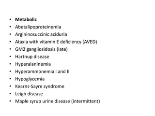 • Metabolic
• Abetalipoproteinemia
• Argininosuccinic aciduria
• Ataxia with vitamin E deficiency (AVED)
• GM2 gangliosidosis (late)
• Hartnup disease
• Hyperalaninemia
• Hyperammonemia I and II
• Hypoglycemia
• Kearns-Sayre syndrome
• Leigh disease
• Maple syrup urine disease (intermittent)
 