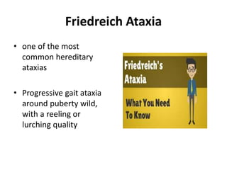 Friedreich Ataxia
• one of the most
common hereditary
ataxias
• Progressive gait ataxia
around puberty wild,
with a reeling or
lurching quality
 