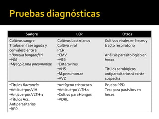 Sangre
Cultivos sangre
Titulos en fase aguda y
convalesciente a
• Borrelia burgdorferi
•VEB
•Mycoplasma pneumoniae

•Títulos Bartonela
•Anticuerpos VIH
•Anticuerpos VLTH-1
•Títulos Acs.
Antiparasitarios
•RPR

LCR

Otros

Cultivos bacterianos
Cultivo viral
PCR
•CMV
•VEB
•Enterovirus
•VHS
•M.pneumoniae
•VVZ

Cultivos virales en heces y
tracto respiratorio

•Antígeno criptococo
•Anticuerpo VLTH.1
•Cultivo para Hongos
•VDRL

Prueba PPD
Test para parásitos en
heces

Análisis parasitológico en
heces
Títulos serológicos
antiparasitarios si existe
sospecha

 