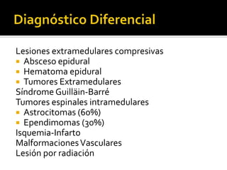 Lesiones extramedulares compresivas
 Absceso epidural
 Hematoma epidural
 Tumores Extramedulares
Síndrome Guilläin-Barré
Tumores espinales intramedulares
 Astrocitomas (60%)
 Ependimomas (30%)
Isquemia-Infarto
Malformaciones Vasculares
Lesión por radiación

 