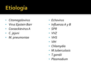 





Citomegalovirus
Virus Epstein Barr
Coxsackievirus A
C. jejuni
M. pneumoniae












Echovirus
Influenza A y B
SPR
VVZ
VHS
VIH
Chlamydia
M.tuberculosis
T.gondii
Plasmodium

 