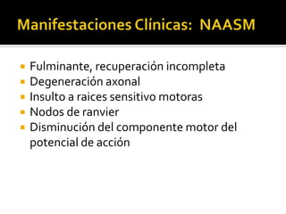 





Fulminante, recuperación incompleta
Degeneración axonal
Insulto a raices sensitivo motoras
Nodos de ranvier
Disminución del componente motor del
potencial de acción

 