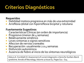 Requeridos
 Debilidad motora progresiva en más de una extremidad
 Arreflexia (distal con hiporreflexia bicipital y rotuliana
Fuertemente Sugestivos
Características Clínicas (en orden de importancia)
 Progresivo (menor de 4 semanas)
 Relativamente simétrico
 Leves sintomas o signos sensitivos
 Afeccion de nervios craneales
 Recuperación: usualmente 2 a 4 semanas
 Disfunción autonómica
 Ausencia de fiebre al inicio de los síntomas neurológicos
Asbury A. Cornblath D. Assessment of current diagnostic criteria for Guillain-Barré
syndrome. Annals of Neurology, Volume 27 Issue S1, Pages S21 - S24

 