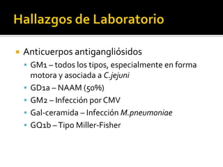 

Anticuerpos antigangliósidos
 GM1 – todos los tipos, especialmente en forma





motora y asociada a C.jejuni
GD1a – NAAM (50%)
GM2 – Infección por CMV
Gal-ceramida – Infección M.pneumoniae
GQ1b – Tipo Miller-Fisher

 