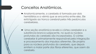 Conceitos Anatômicos.
 Anatomicamente, o cerebelo é formado por dois
hemisférios e o vérmis que se encontra entre eles. Ele
está ligado ao tronco cerebral pelos três pedúnculos
cerebelares.
 Uma seção anatômica revela o córtex cerebelar e a
substância branca subjacente, no qual os núcleos
profundos do cerebelo são incorporados. O córtex
cerebelar é primariamente responsável pela integração
e processamento dos impulsos aferentes. Ele projeta
para os núcleos profundos do cerebelo, que depois
emitem a maior parte das fibras eferentes, que saem do
cerebelo.
 