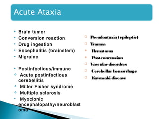  Brain tumor
 Conversion reaction
 Drug ingestion
 Encephalitis (brainstem)
 Migraine
 Postinfectious/immune
 Acute postinfectious
cerebellitis
 Miller Fisher syndrome
 Multiple sclerosis
 Myoclonic
encephalopathy/neuroblast
oma
 Pseudoataxia (epileptic)
 Trauma
 Hematoma
 Postconcussion
 Vasculardisorders
 Cerebellarhemorrhage
 Kawasaki disease
 