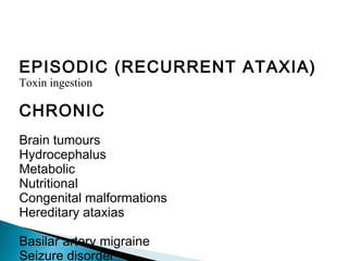 EPISODIC (RECURRENT ATAXIA)
Toxin ingestion
CHRONIC
Brain tumours
Hydrocephalus
Metabolic
Nutritional
Congenital malformations
Hereditary ataxias
Basilar artery migraine
Seizure disorder
 