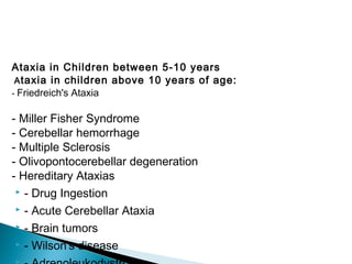 Ataxia in Children between 5-10 years
Ataxia in children above 10 years of age:
- Friedreich's Ataxia
- Miller Fisher Syndrome
- Cerebellar hemorrhage
- Multiple Sclerosis
- Olivopontocerebellar degeneration
- Hereditary Ataxias
 - Drug Ingestion
 - Acute Cerebellar Ataxia
 - Brain tumors
 - Wilson's disease
 