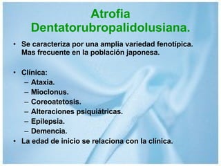 Atrofia Dentatorubropalidolusiana. Se caracteriza por una amplia variedad fenotípica. Mas frecuente en la población japonesa. Clínica: Ataxia. Mioclonus. Coreoatetosis. Alteraciones psiquiátricas. Epilepsia. Demencia. La edad de inicio se relaciona con la clínica. 