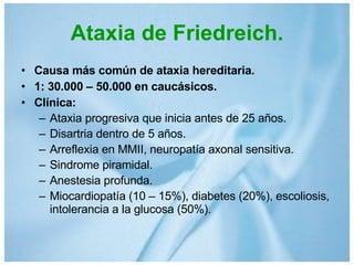 Ataxia de Friedreich. Causa más común de ataxia hereditaria. 1: 30.000 – 50.000 en caucásicos. Clínica: Ataxia progresiva que inicia antes de 25 años. Disartria dentro de 5 años. Arreflexia en MMII, neuropatía axonal sensitiva. Sindrome piramidal. Anestesia profunda. Miocardiopatía (10 – 15%), diabetes (20%), escoliosis, intolerancia a la glucosa (50%). 