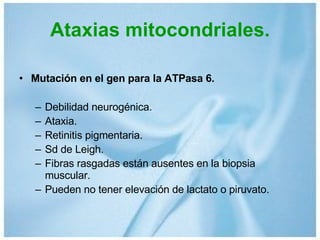 Ataxias mitocondriales. Mutación en el gen para la ATPasa 6. Debilidad neurogénica. Ataxia. Retinitis pigmentaria. Sd de Leigh. Fibras rasgadas están ausentes en la biopsia muscular. Pueden no tener elevación de lactato o piruvato. 